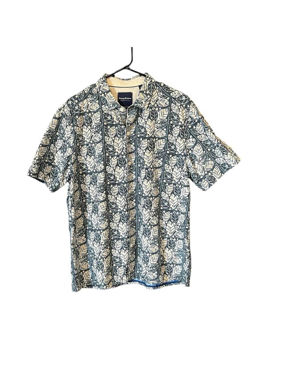 Tommy Bahama Silk Cotton Hawaiian Shirt Men’s L Blue Leaf Print Camp Casual